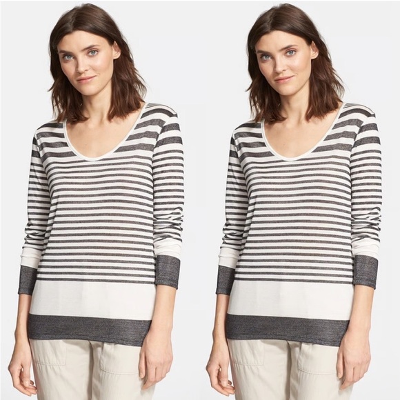 VINCE Variegated Deep Crewneck Top Oversized Shirt Knitted White Grey Stripe M - Picture 2 of 13